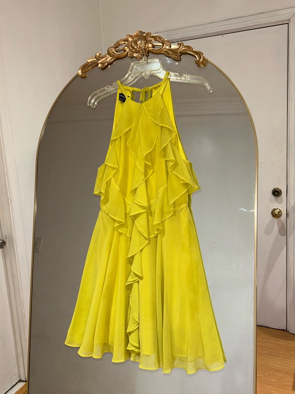 BEBE Satin Ruffle Yellow Halter Mini Dress, Size S